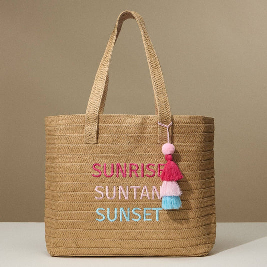 Sunrise Suntan Sunset Raffia Tote with Tassel Accent