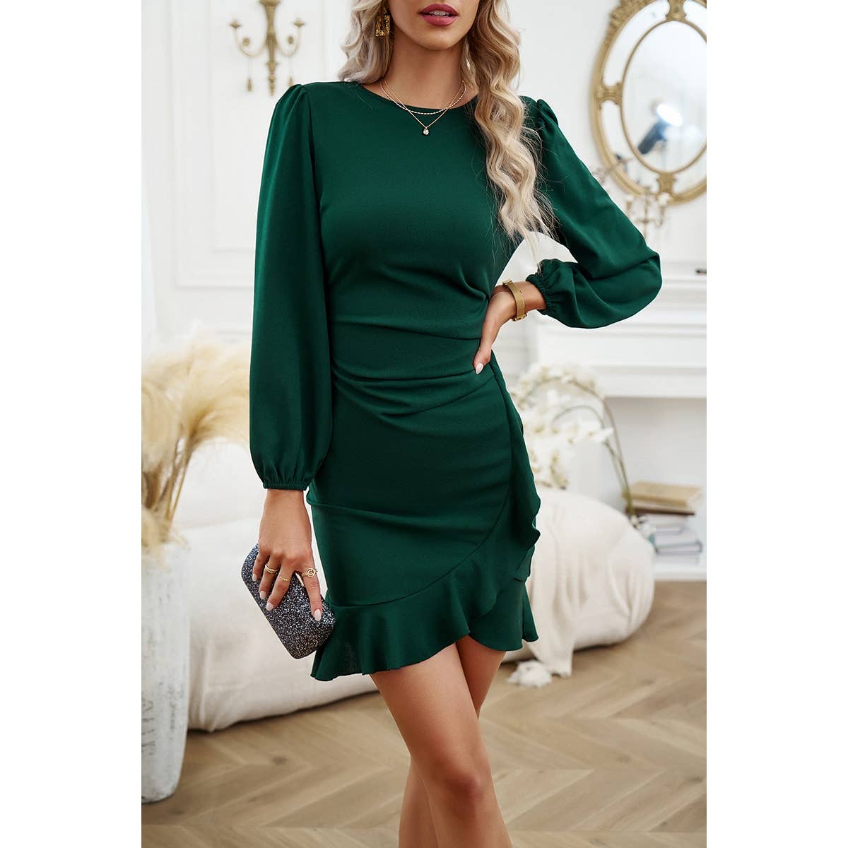 Green Wrap Ruched Hem Ruffle Fit Puff Sleeve Dress
