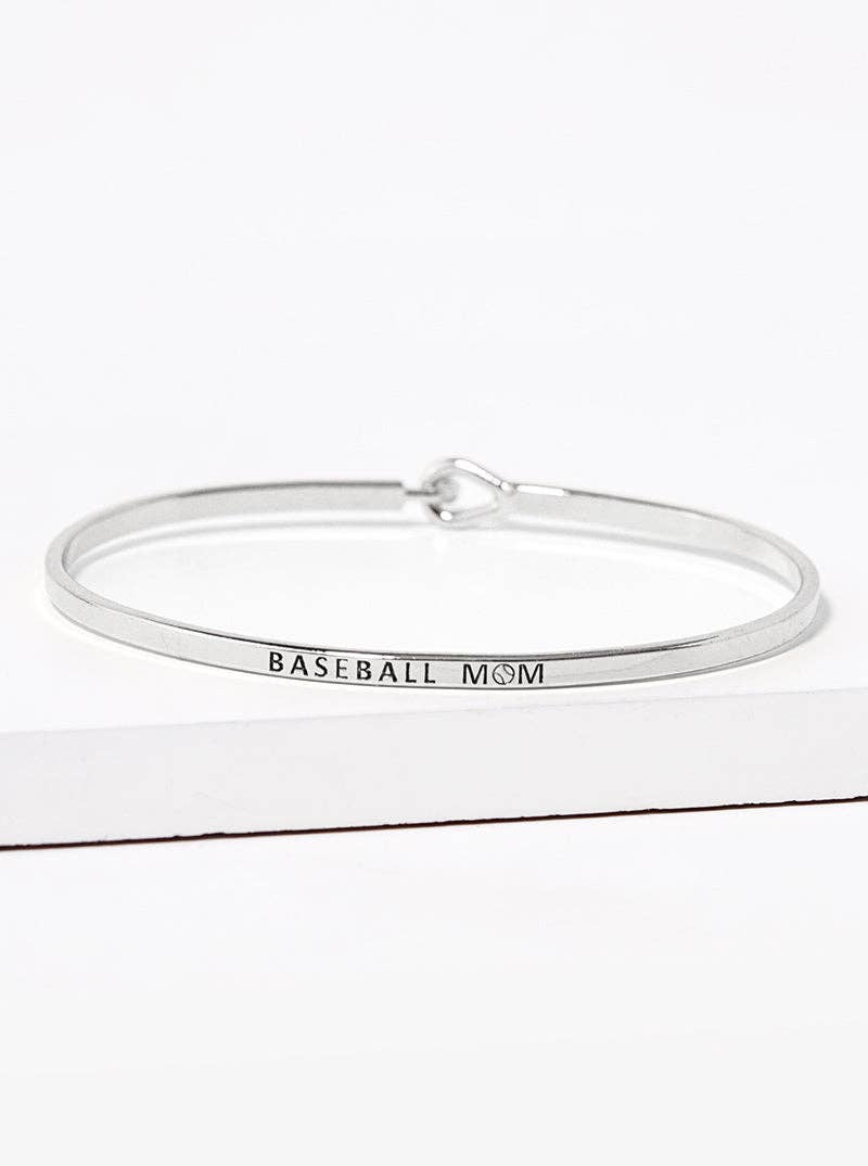"Baseball Mom" Engraved Rhodium Bangle Bracelet
