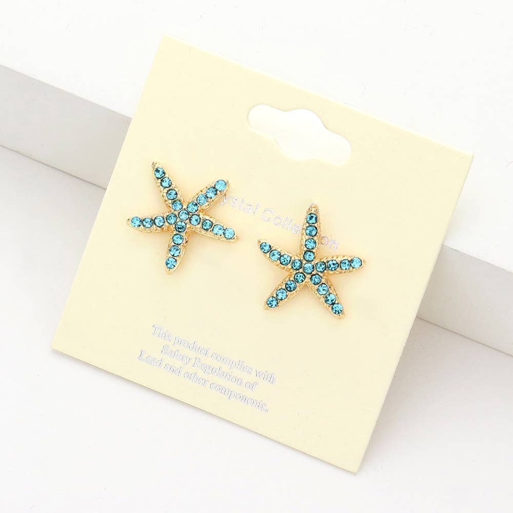 Aqua Crystal Starfish Stud Earrings