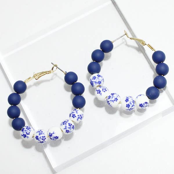 Porcelain ceramic bead hoop earring : Blue