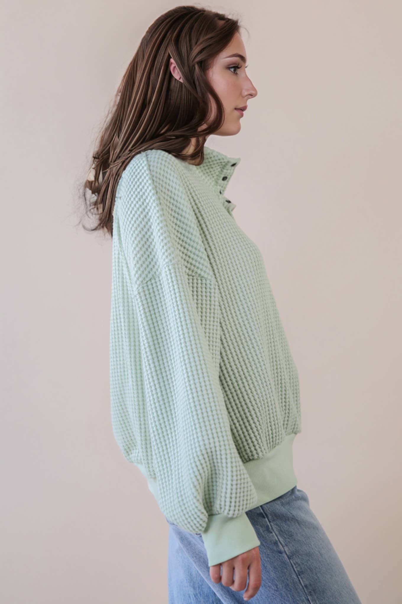 Sage Oversized Half Button Down Casual Waffle Knit