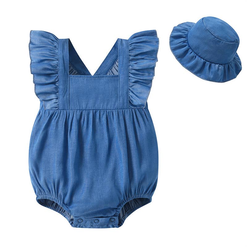 Baby Denim Romper Ruffled Sleeves and Hat Set