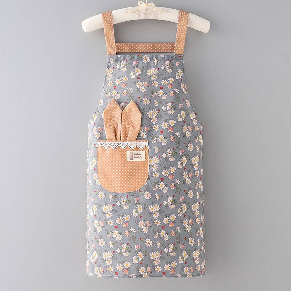 Blue Floral Canvas Bib Apron with Pockets