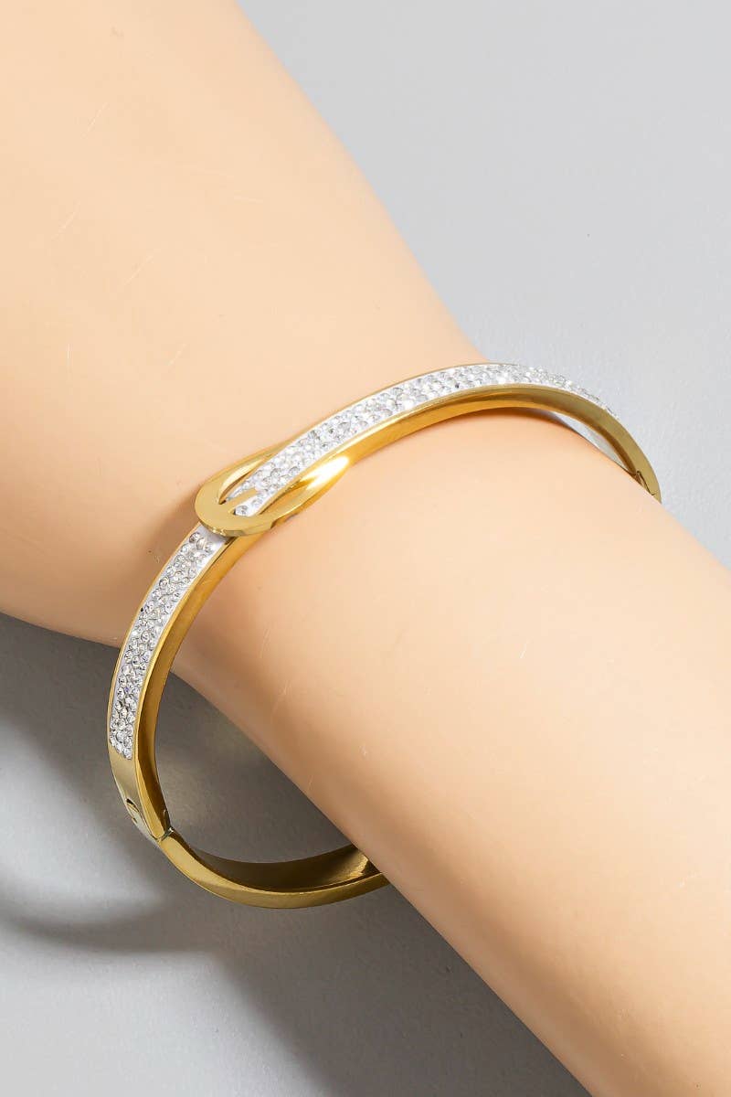 Gold Stainless Steel Pave Belt Style Hinge Bangle Bracelet