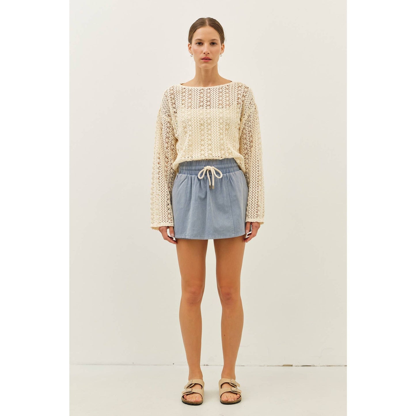 Cream Sheer Floral Crochet Top With Bell Sleeves