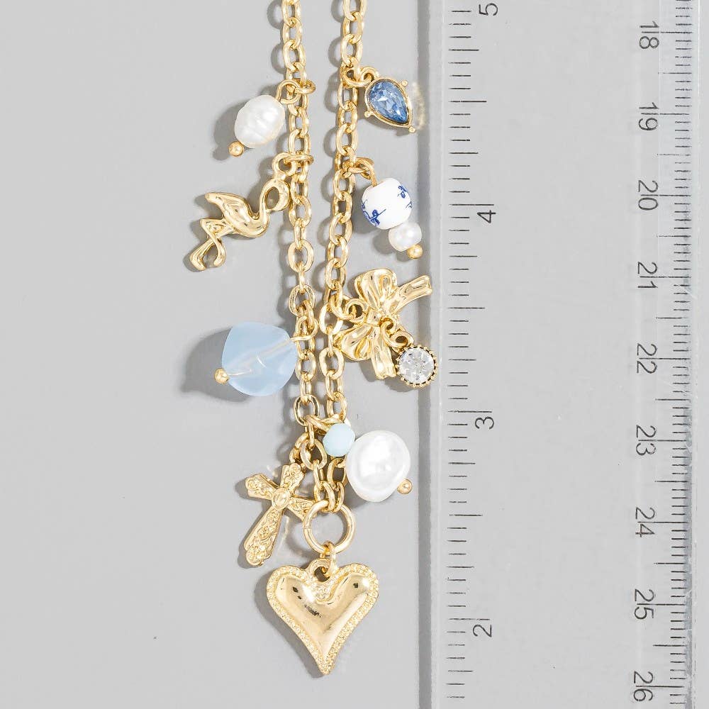 Heart Pearl Bows And Pearl Charms Chain Necklace