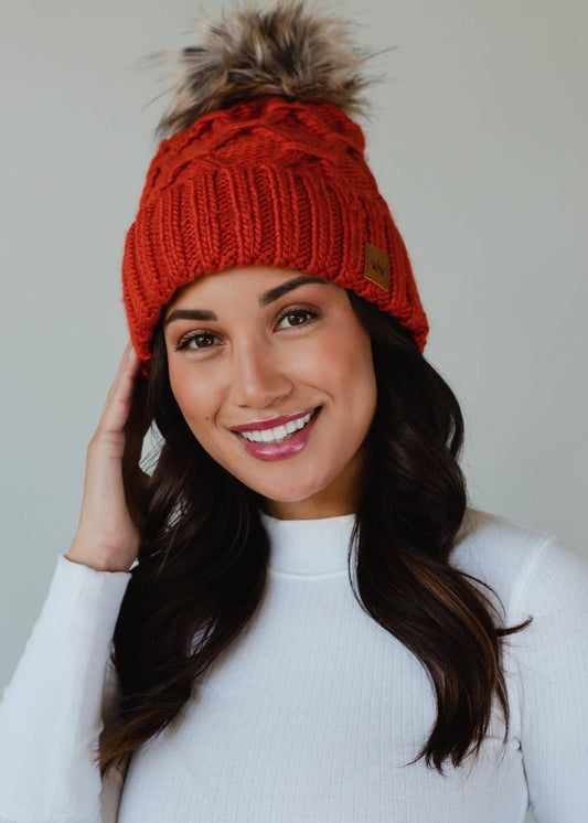 Terracotta Diamond Cable Knit Pom Hat