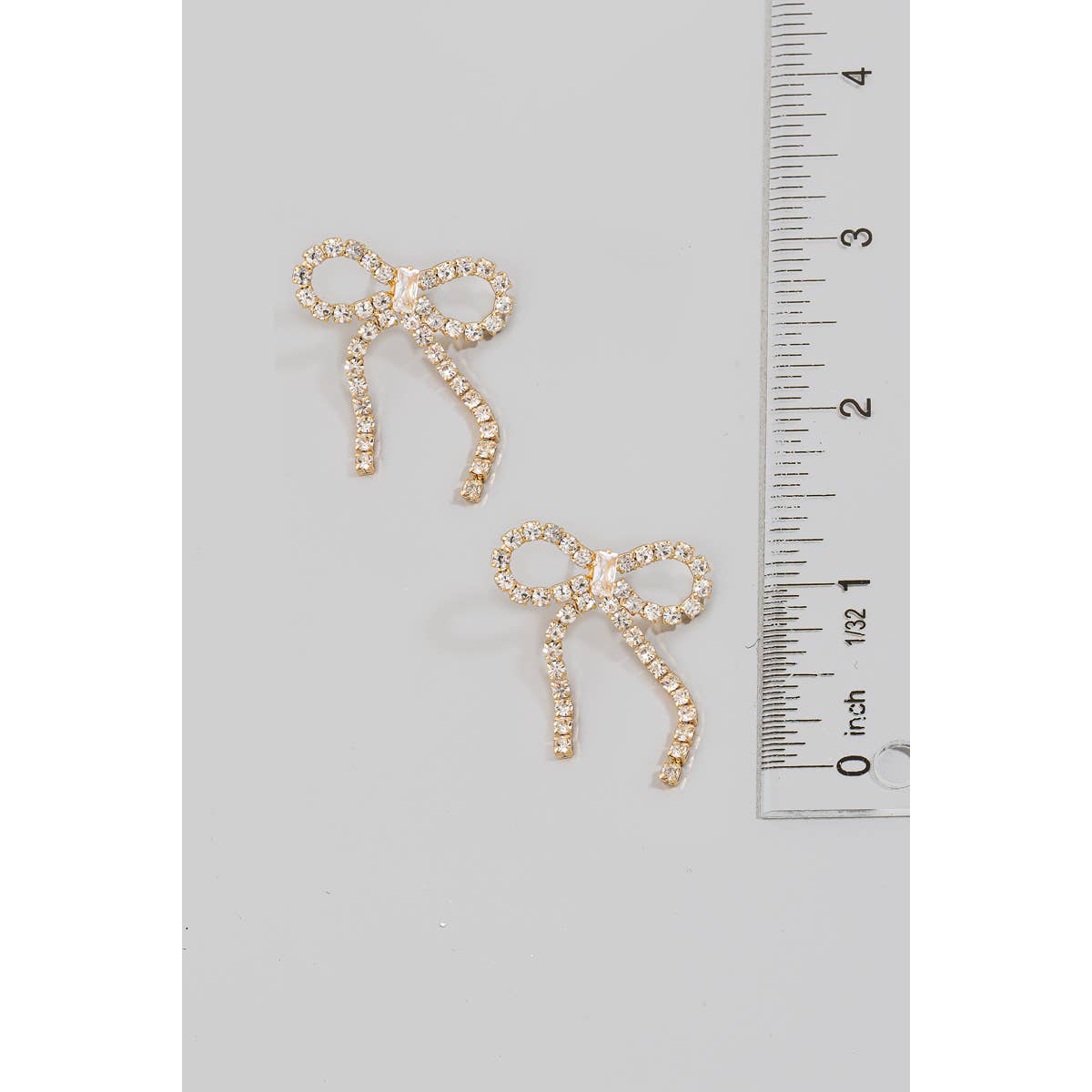Gold Rhinestone Studded Ribbon Bow Stud Earrings