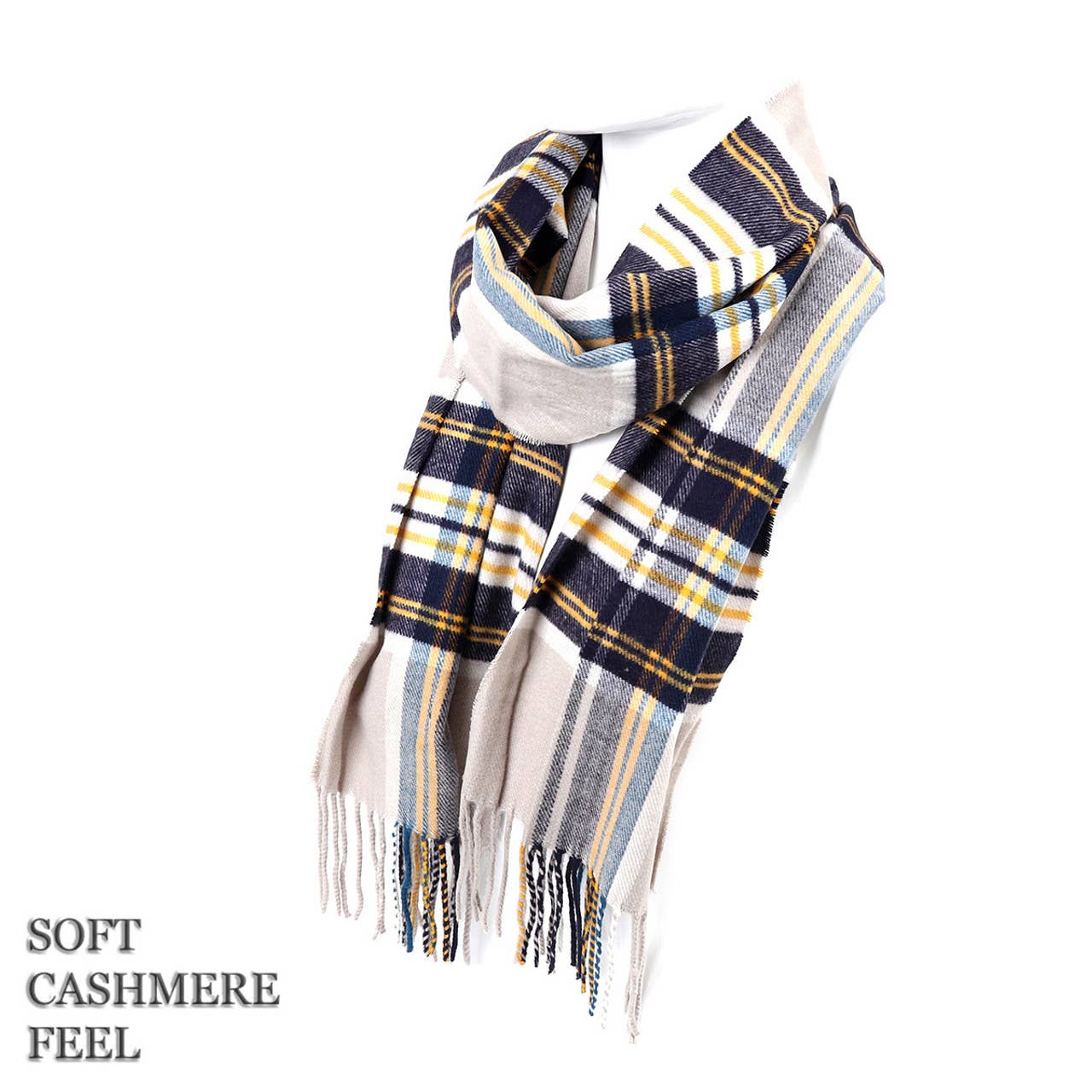 Acrylic Cashmere Feels Winter Scarf:  Navy & Mustard