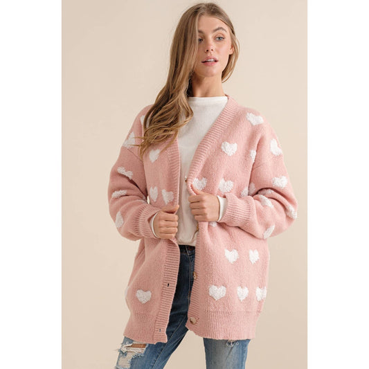 Pink All Over Heart Pattern Cardigan