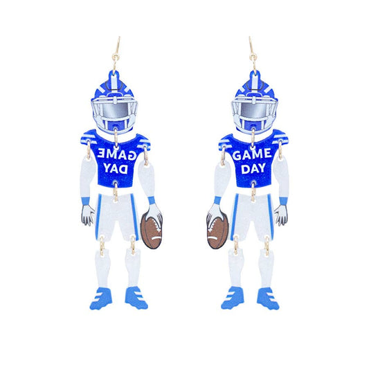 Blue and White Gameday Football Player 2.75" Earring with Movement