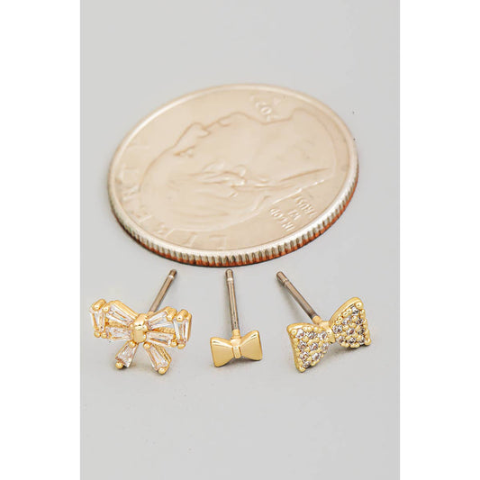 Silver Rhinestone Bow  Stud Earrings Set