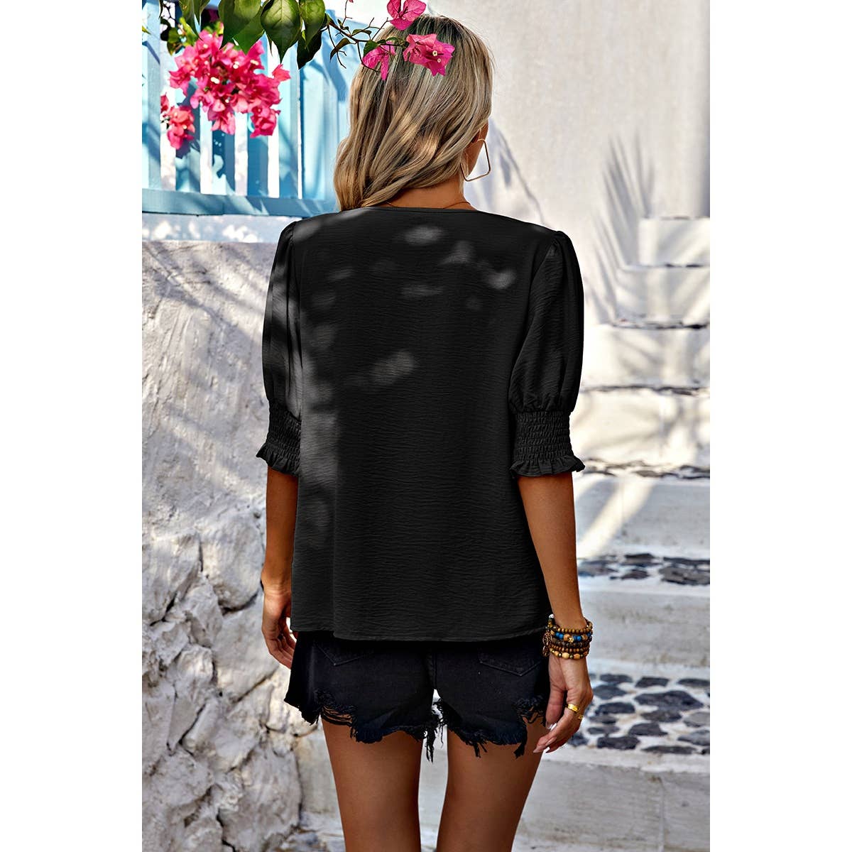 Black V Neck Half Sleeve Chiffon Ruffle Blouse