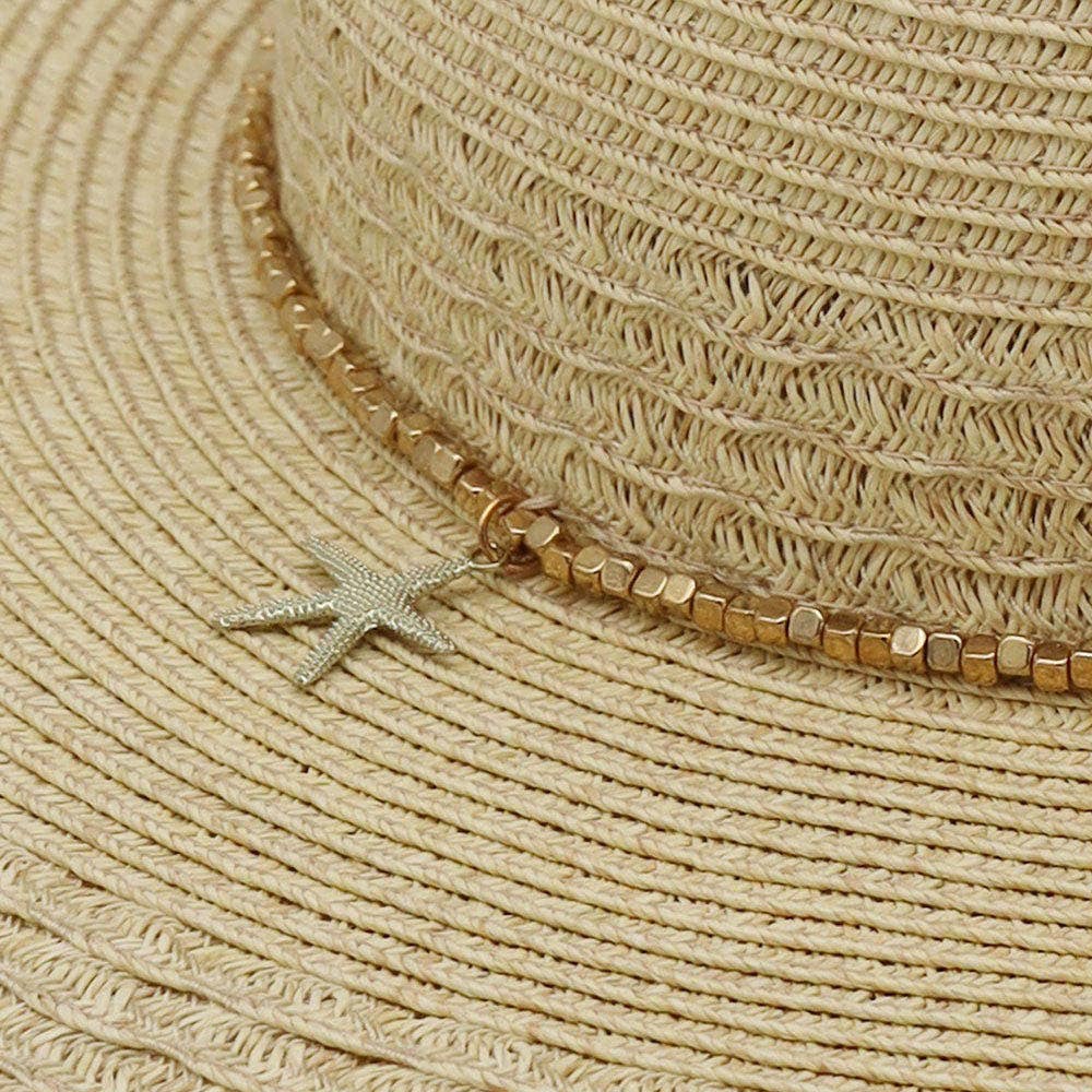 Starfish Charm Sequin band Wide Brim Straw Sun Hat: Tan
