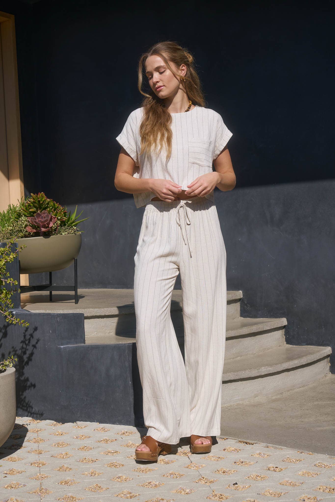 Oatmeal Pinstripe Linen Wide Leg Pants