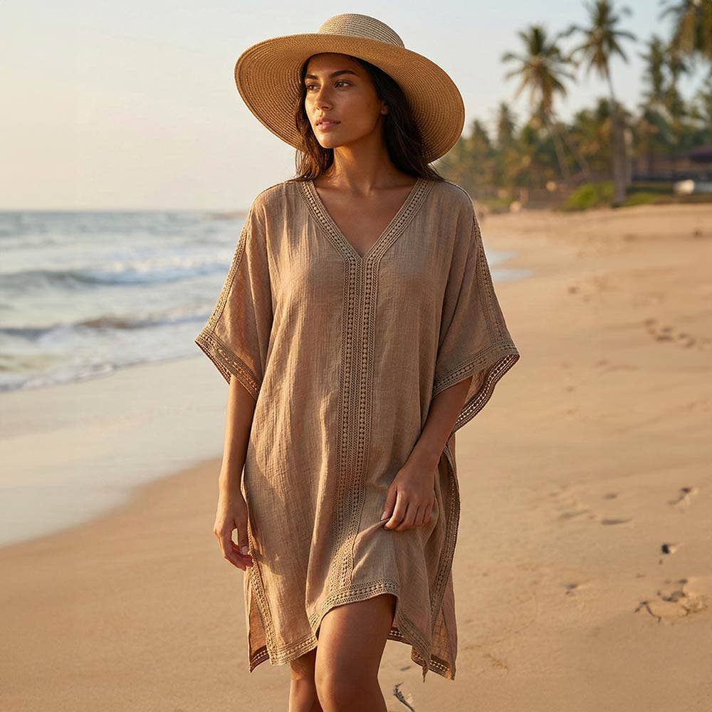 Taupe V Neck Beach Cover Up Tunic Dress