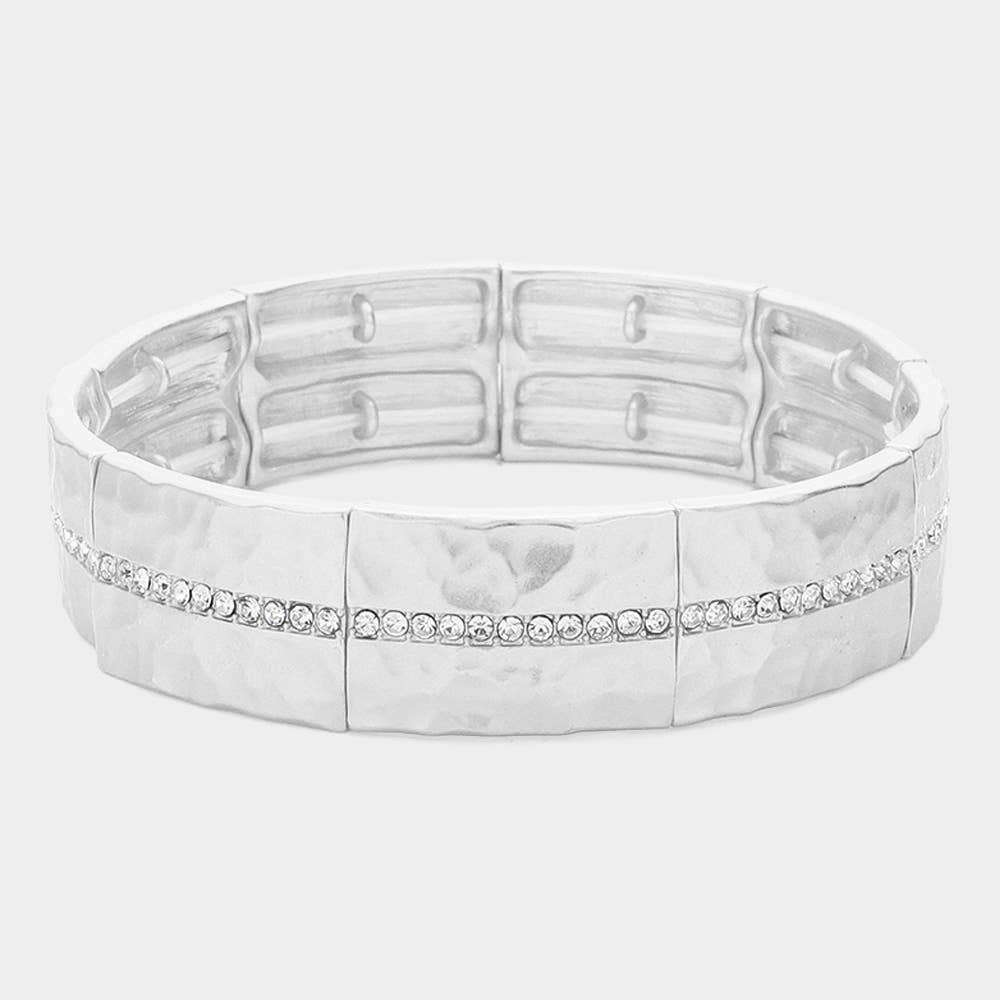 Silver Stone Paved Line Center Pointed Hammered Metal Stretch Bracelet