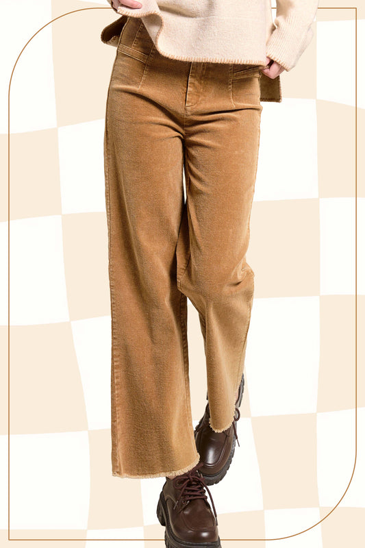 Camel Mineral Washed High Waisted Wide Leg Corduroy Pants