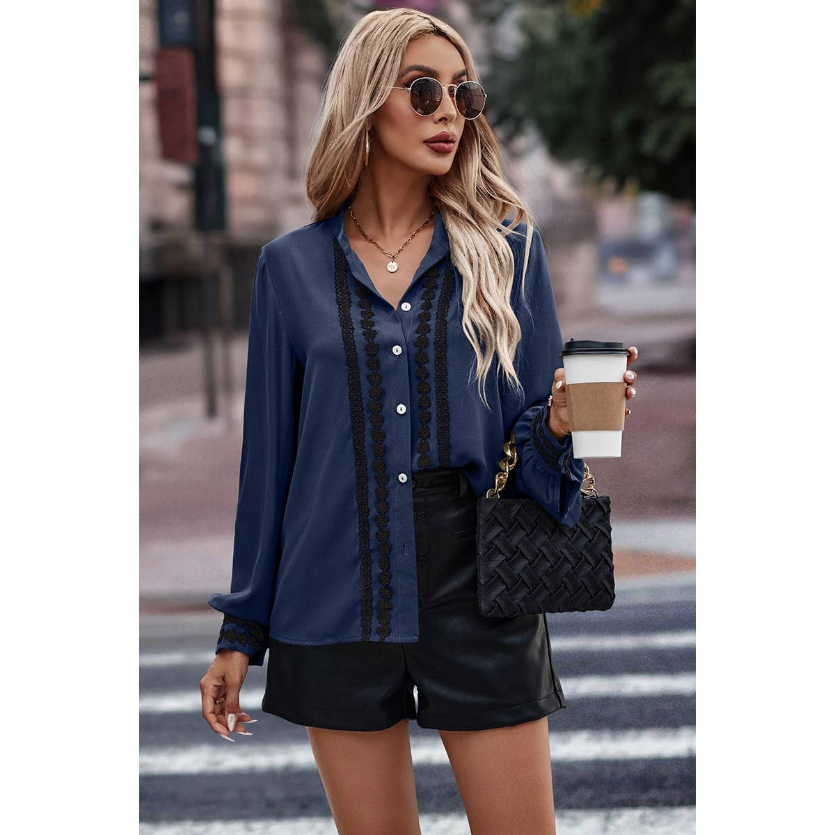 SALE Twin Floral Lace Details With Button Blouse: Navy