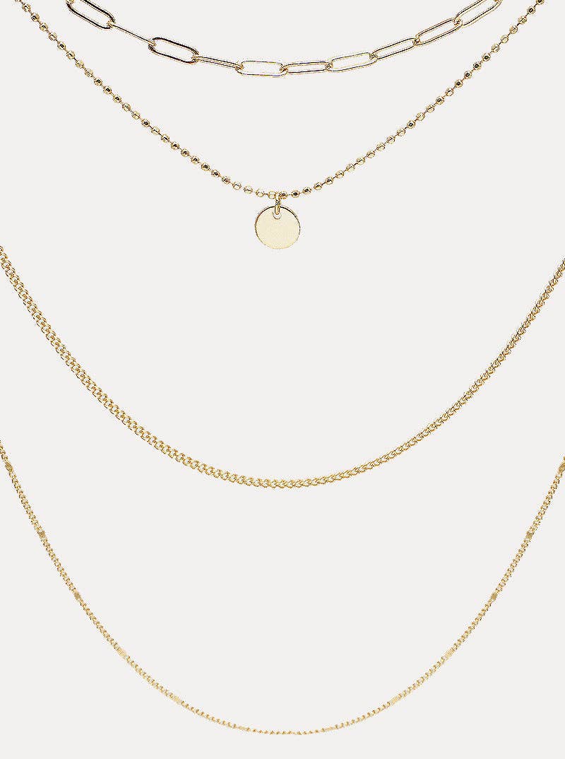 Gold Metal Disc Pendant Multi-Chain Layered Necklace