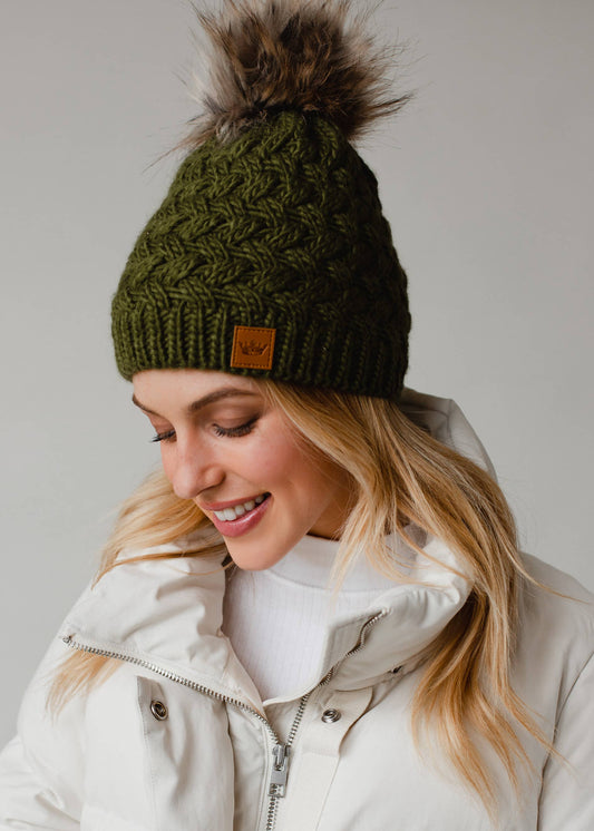 Olive Knit Pom Winter Hat