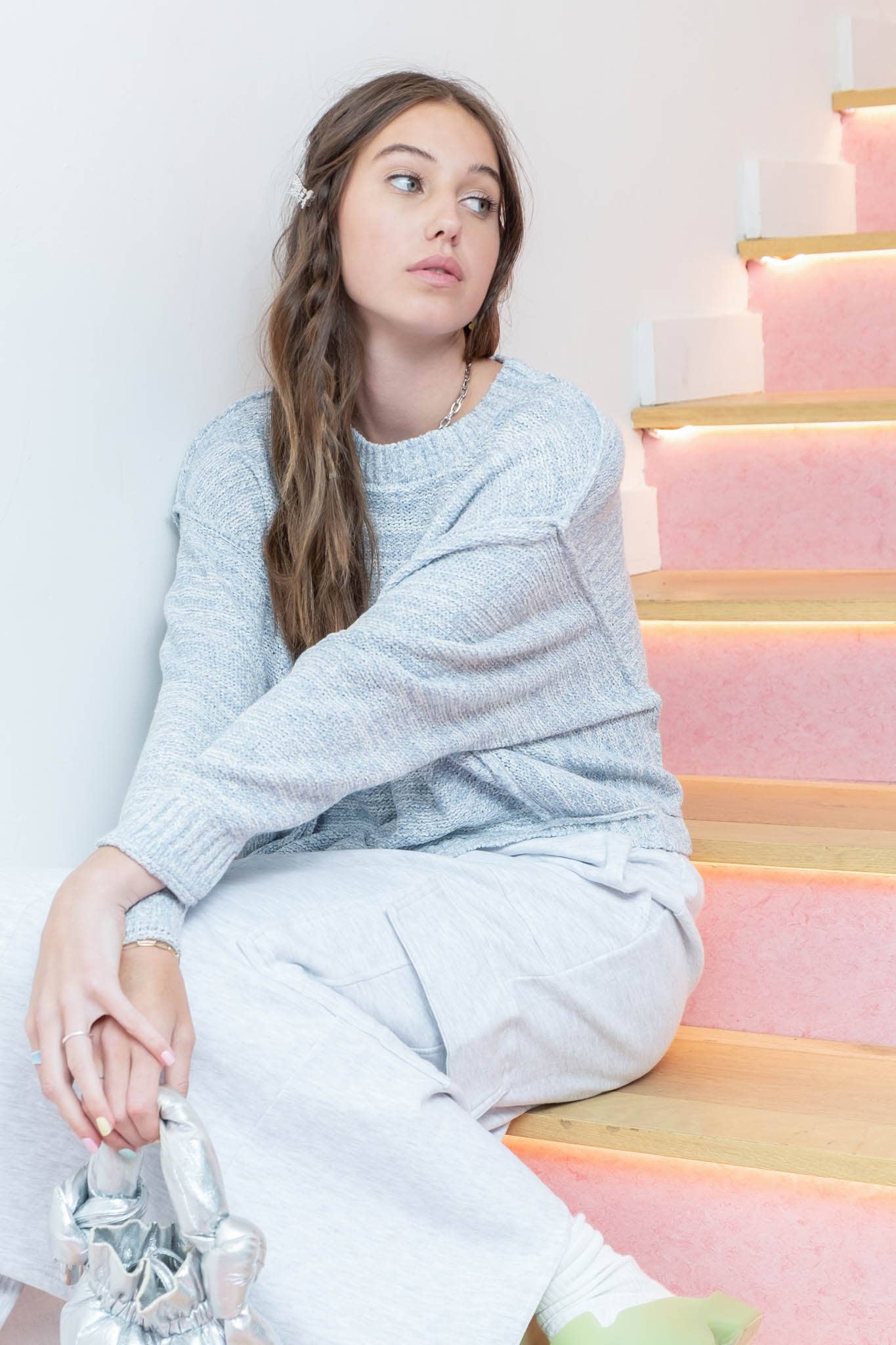 Chambray Exposed Seam Drop Shoulder Sweater