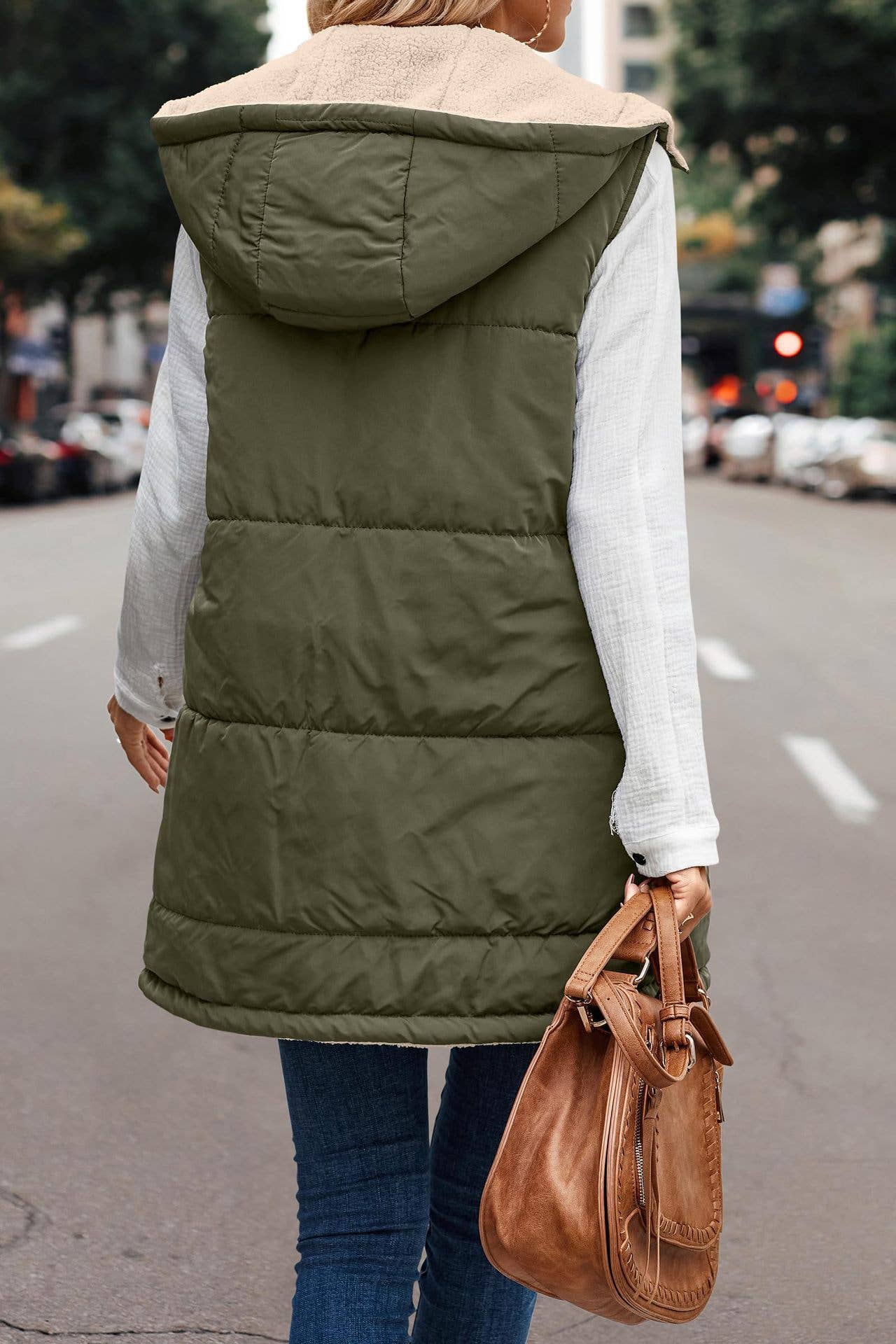 Olive Fleece Plain Color Zipper Gilet With Pockets