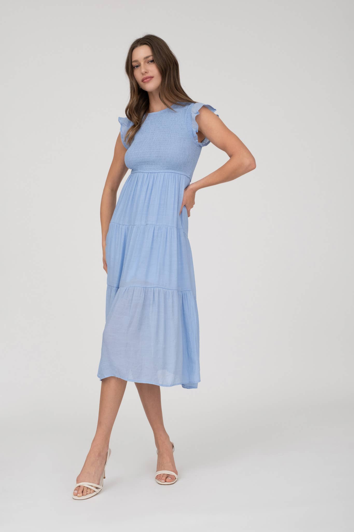 SALE Light Chambray Smocked Tiered Midi Dress