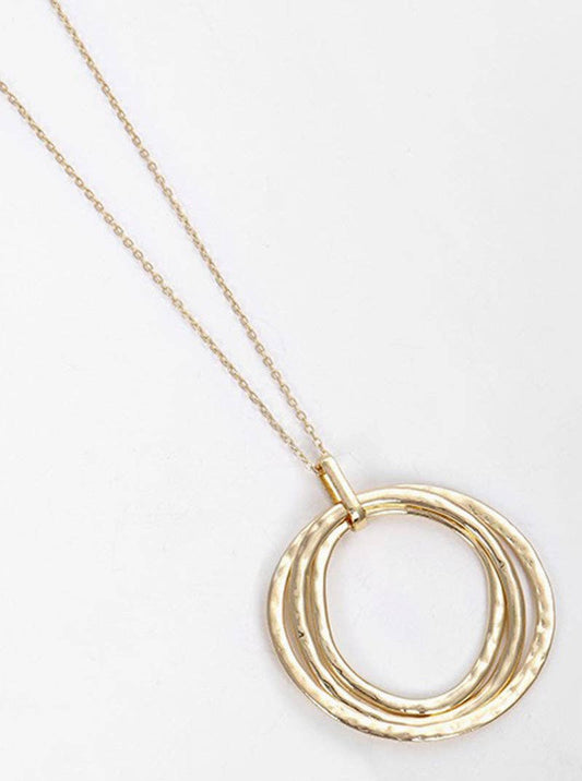 Hammered Metal Tri Circles Pendant Long Necklace: Gold