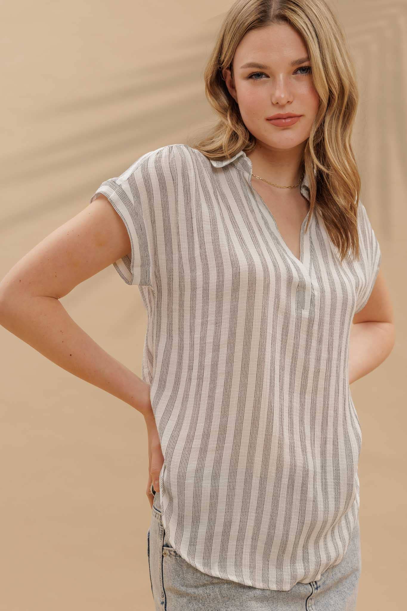Black & White Stripe Collared Cuff Sleeve Lightweight Shirt