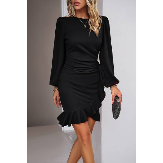 Green Wrap Ruched Hem Ruffle Fit Puff Sleeve Dress