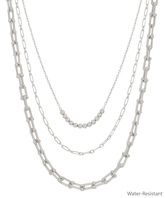 Water Resistant Silver Triple Layered Beaded Chain 16"-18" Necklace