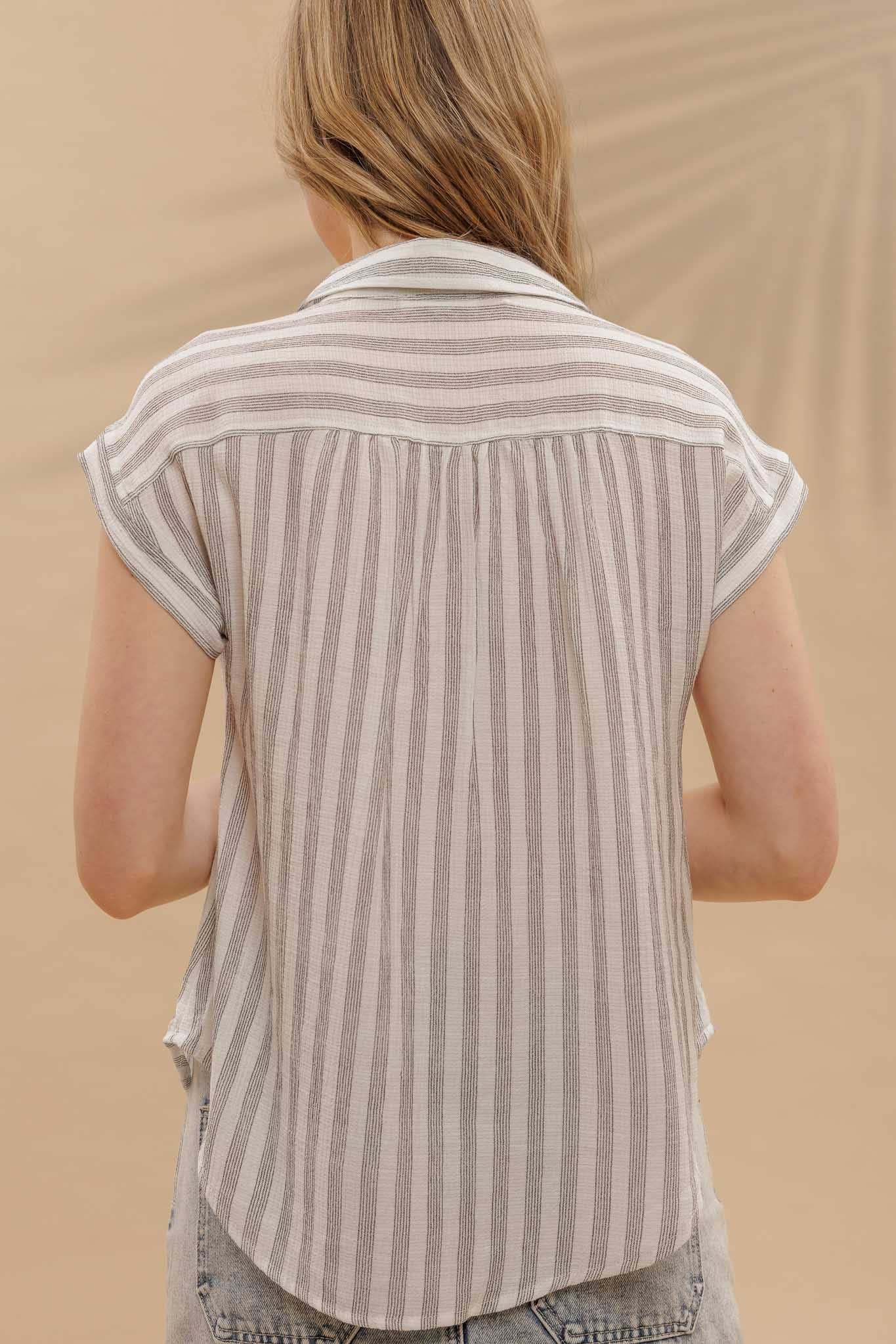Black & White Stripe Collared Cuff Sleeve Lightweight Shirt