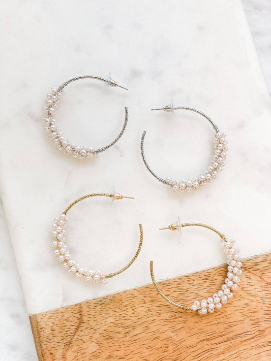 Pearl Cluster Hoop Earrings: Silver