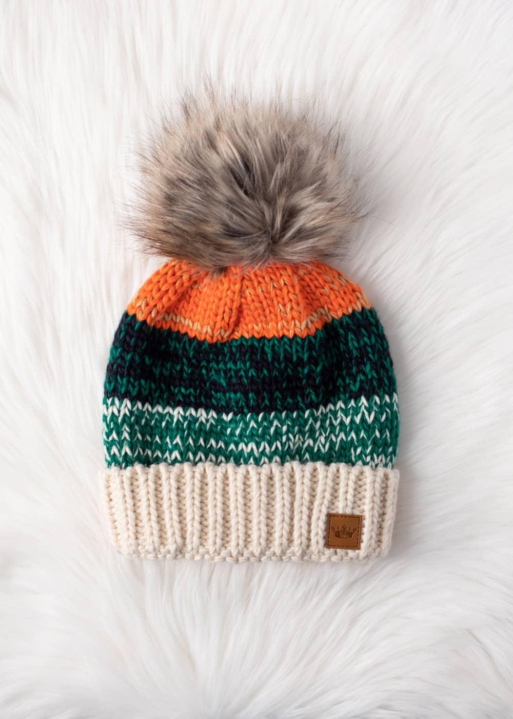 White, Green & Orange Patterned Pom Hat