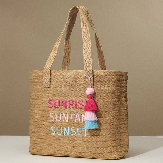 Sunrise Suntan Sunset Raffia Tote with Tassel Accent