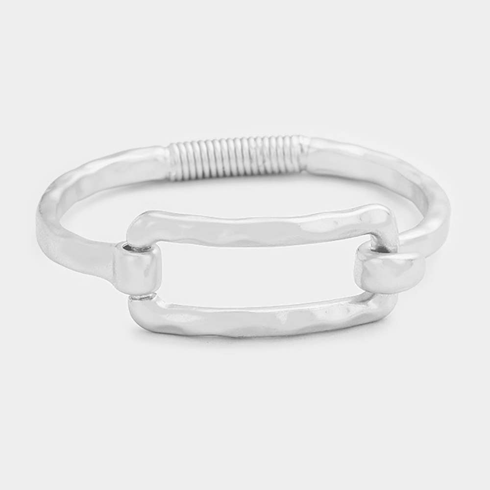 Metal Cut Out Rectangle Hook Bracelet: Worn Silver