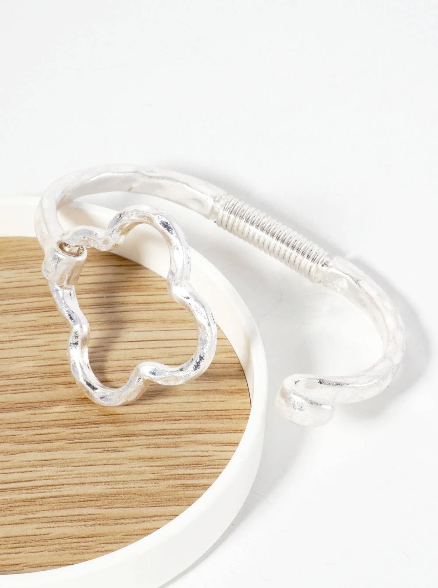 Worn Silver Hammered Metal Quatrefoil Hook Clasp Hinged Bracelet