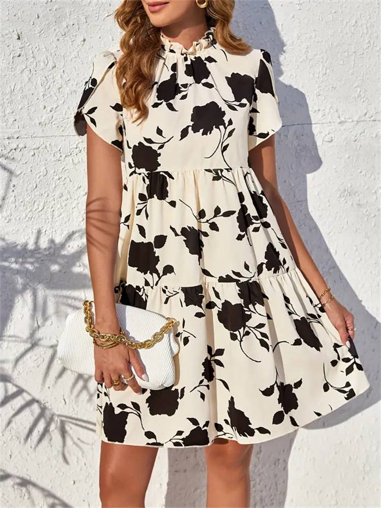 Black & Cream Floral Doll Collar Dress