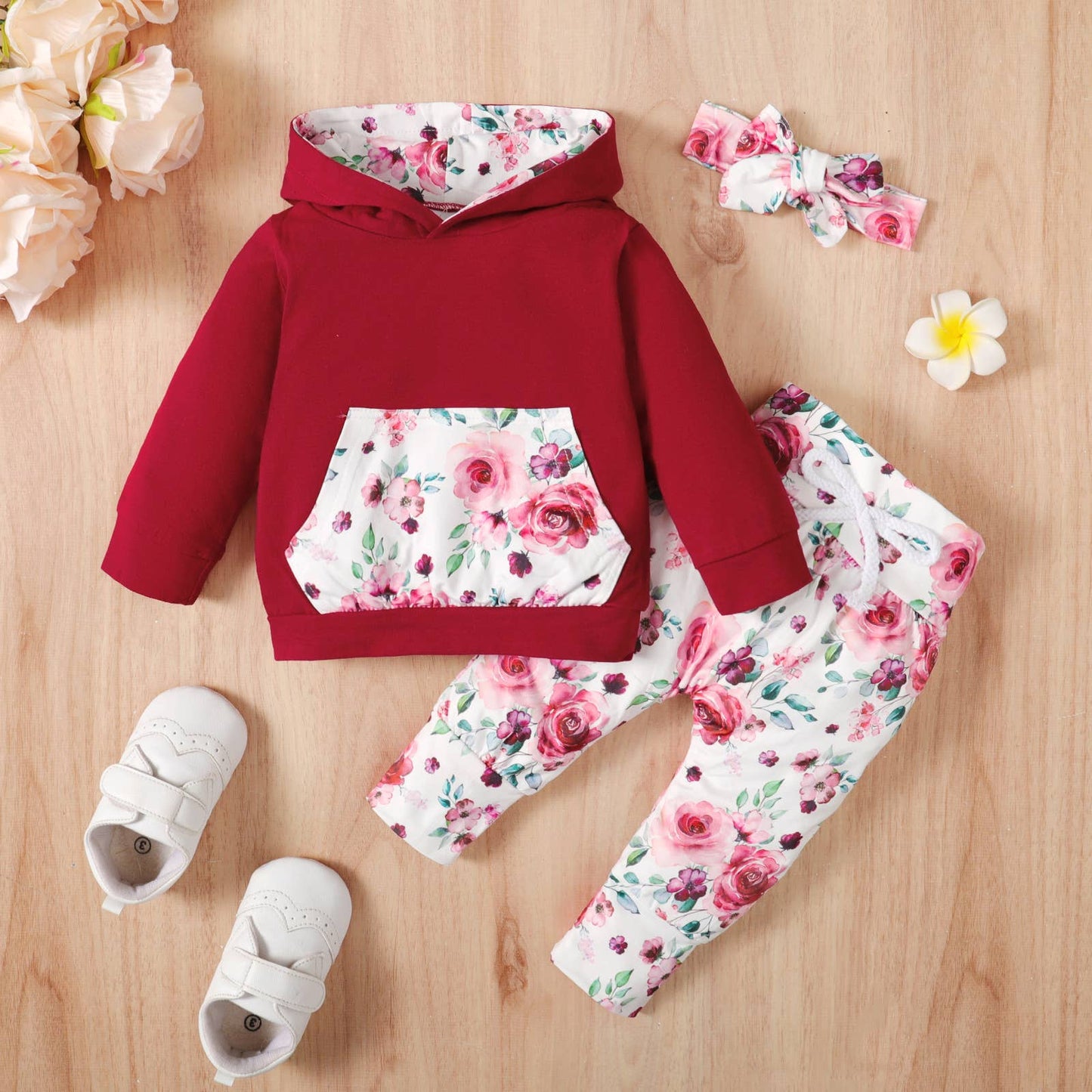 Beautiful Floral Hoodie, Pants and Headband Set: 3-6 Months / Purple