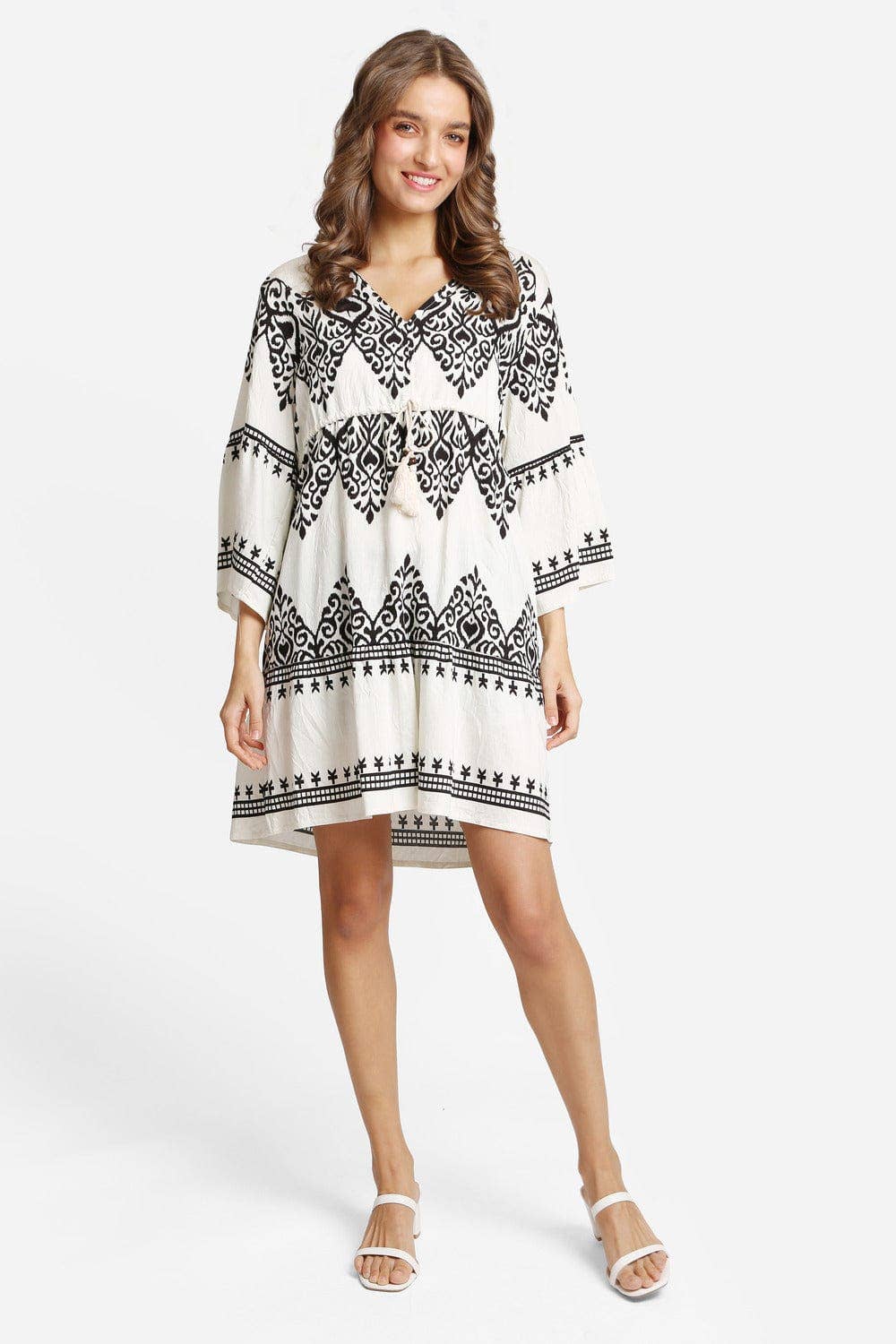 SALE Black & Cream Stormi Mixed Print Cover Up Dress With Tassel Ties