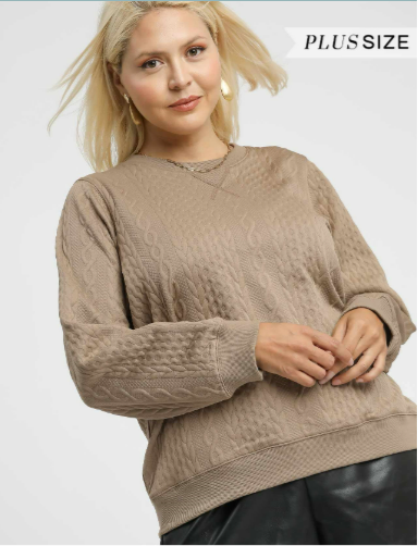 Taupe Cable Texture Knit Pullover Sweatshirt