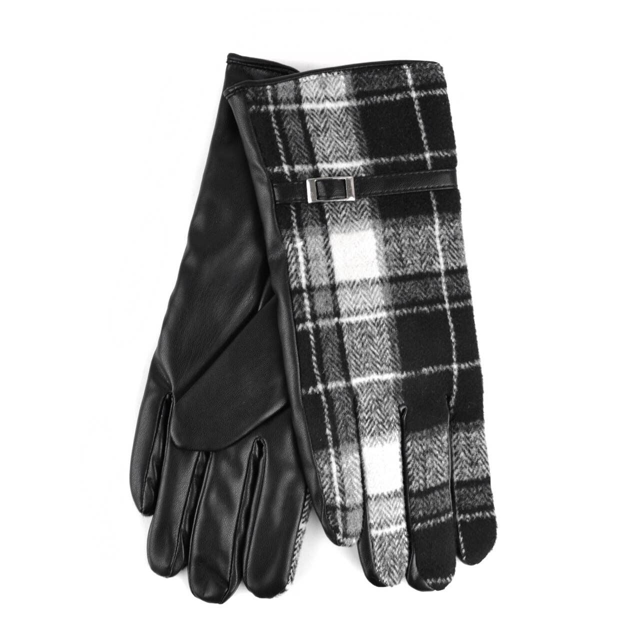 Women's Plaid and PU Leather Touch Screen Gloves