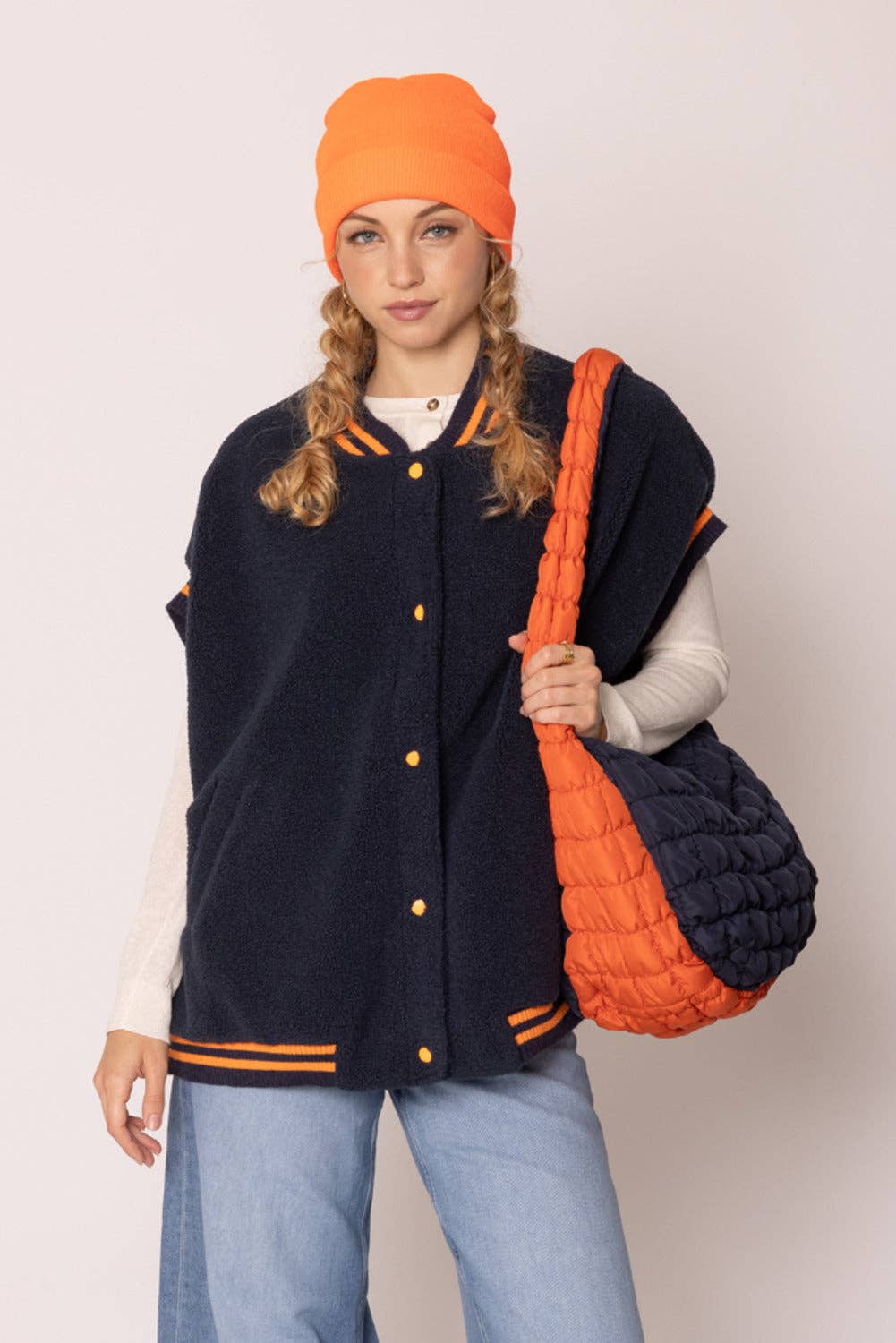 Navy & Orange Large Quilted Puffer Shoulder Bag