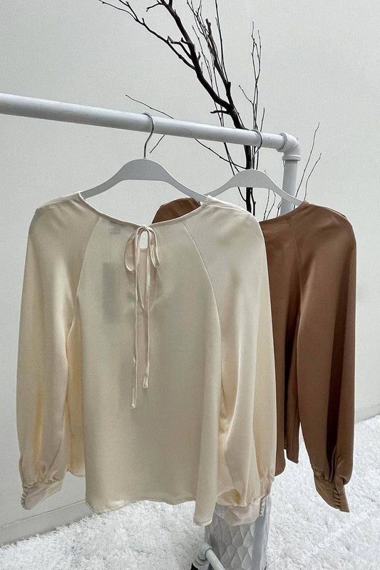 Khaki Satin Round Neck Long Sleeve Top