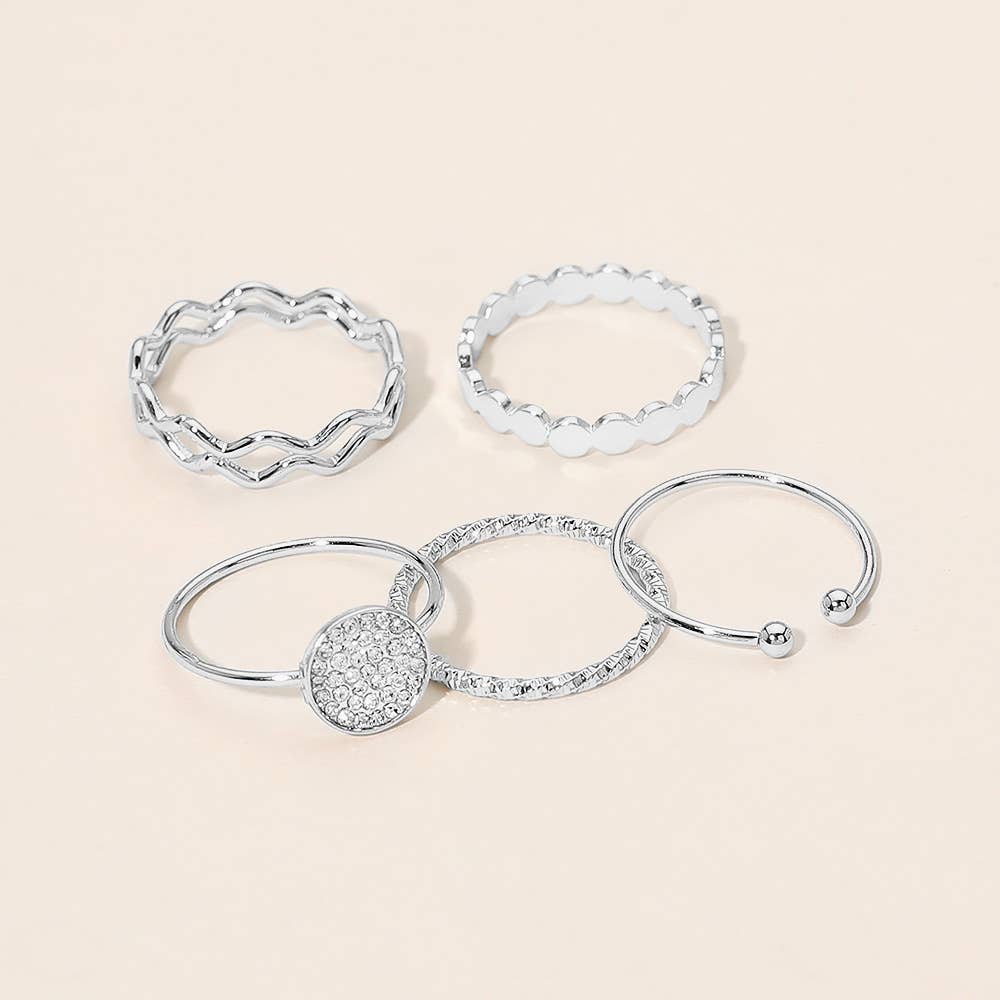 5PCS - Rhinestone Pave Round Accent Stackable Ring Set: Gold