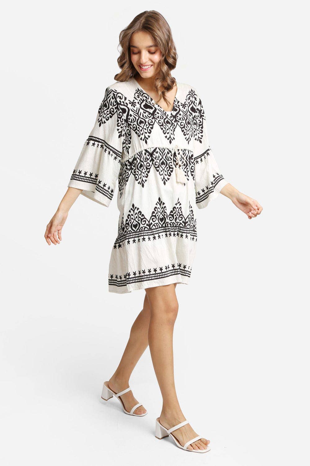 SALE Black & Cream Stormi Mixed Print Cover Up Dress With Tassel Ties