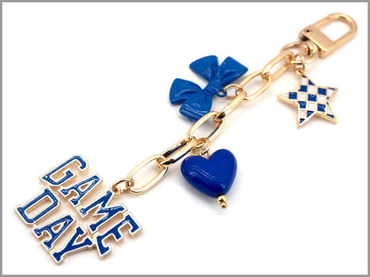 Blue & White Gameday Bag Charm with Star, Bow, and Heart!