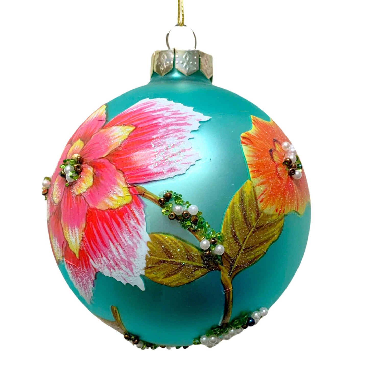 Flower Painting Glass Ornament Aqua 3.5"